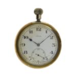 Rolex - Government issue metal open faced pocket watch, the white dial with black Arabic numerals,