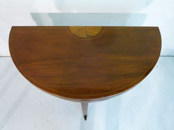 George III inlaid mahogany demi-lune fold-over supper table, the top with oak leaf and acorn - Image 2 of 7