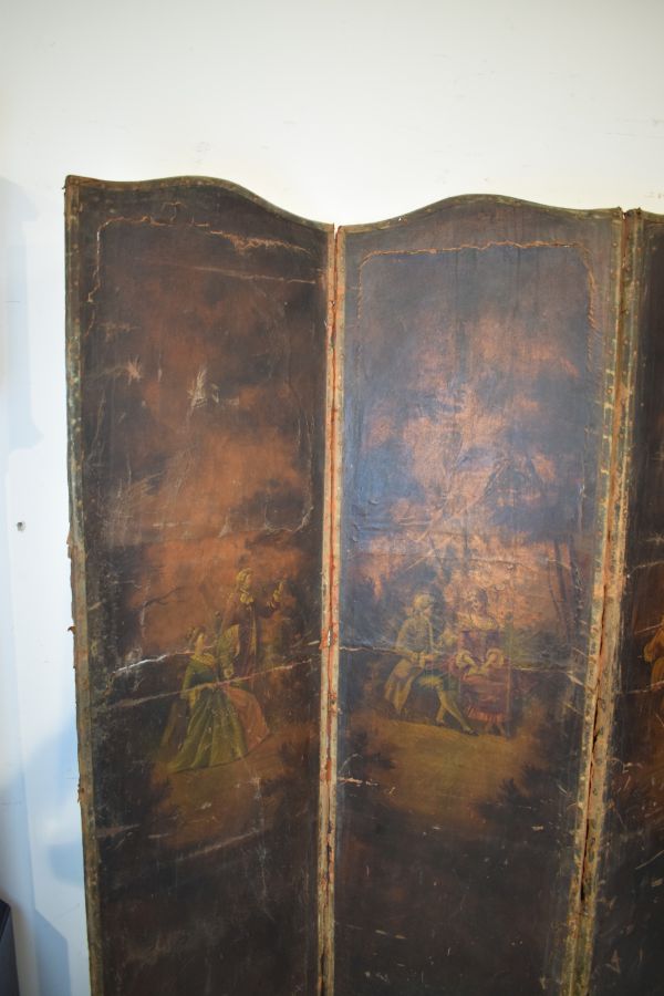 19th Century Continental painted leather single sided four fold screen, each section decorated - Image 2 of 8