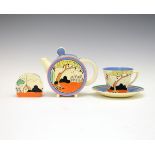 Clarice Cliff Bonjour shape teapot decorated with the Tulips pattern, 13.5cm high, together with a