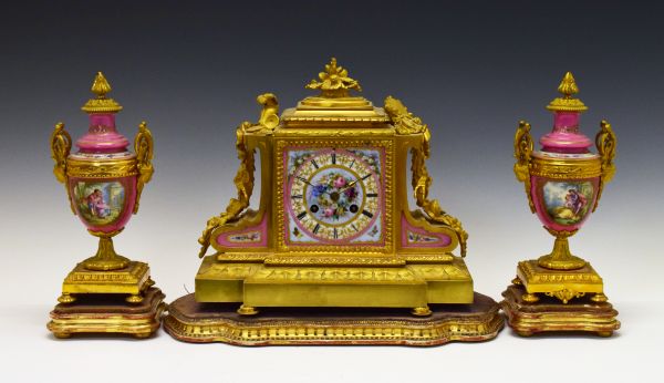 19th Century French ormolu and Sevres style garniture de cheminee, the clock with applied foliate,