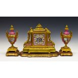 19th Century French ormolu and Sevres style garniture de cheminee, the clock with applied foliate,