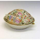 Cantonese Famille Rose warming dish and cover, the cover with two reserves decorated with figures on