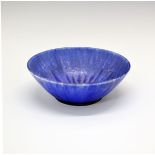 Ruskin matt blue glazed trial bowl of flared form, underside with impressed marks and painted number