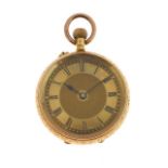 Fob watch, stamped 'k18', gilt metal cuvette, keyless wound bar movement with cylinder escapement,