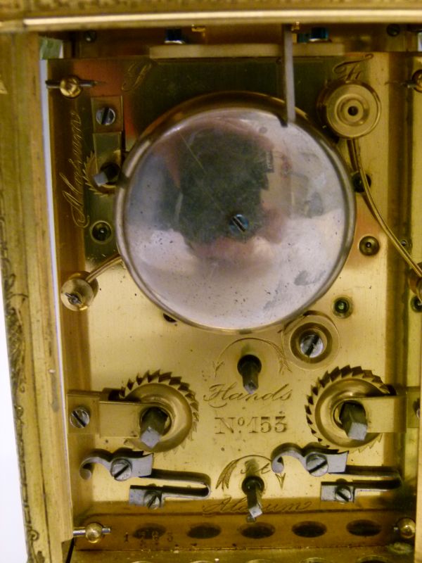 19th Century engraved brass gorge cased repeat carriage clock, the white enamel dial with Roman - Image 9 of 9