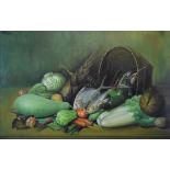 20th Century Continental School - Oil on canvas laid on board - Still-life with fruit and fish