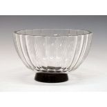 Orrefors fluted clear glass bowl having circular black foot, etched mark Of LA355, 23.5cm diameter