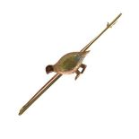 Grouse bar brooch, the bird with enamel detail to the head and two colour body, bar is 6cm long, 4.