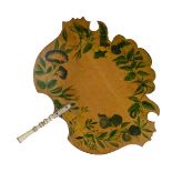 Regency pine face screen having painted foliate decoration and having a turned bone handle, 25.5cm