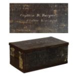 Early 20th Century steel bound pine trunk with script to the top 'Captain D. Burges, The Gloster