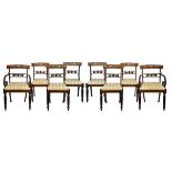 Set of eight William IV rosewood and simulated rosewood yoke back dining chairs, each having a