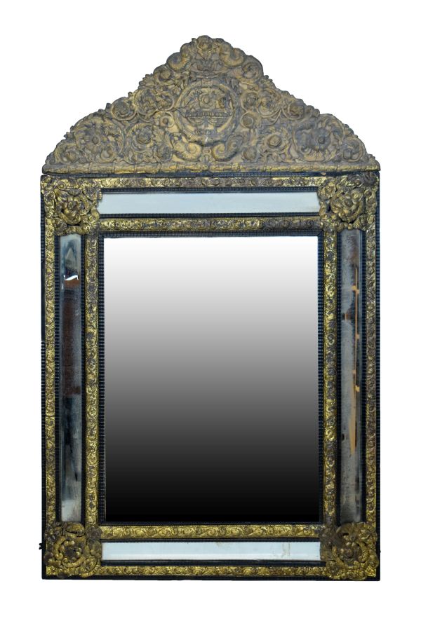 19th Century Flemish wall mirror having a foliate embossed brass and ripple moulded ebonised