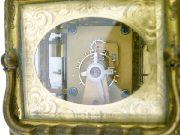 19th Century engraved brass gorge cased repeat carriage clock, the white enamel dial with Roman - Image 5 of 9