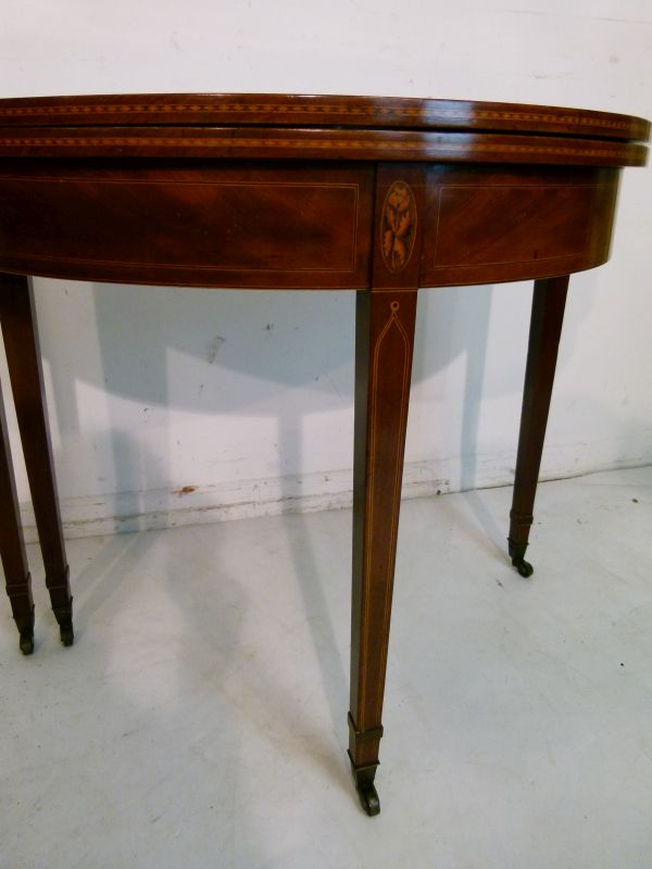 George III inlaid mahogany demi-lune fold-over supper table, the top with oak leaf and acorn - Image 3 of 7