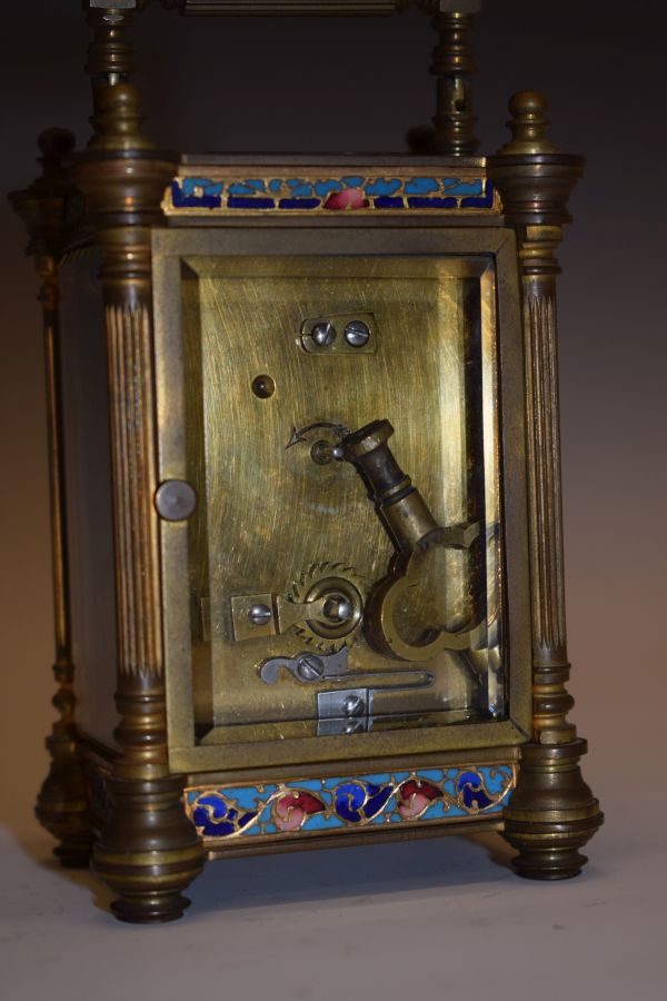 Late 19th Century French brass and enamel cased carriage clock, the case with a reeded pillar to - Image 4 of 9