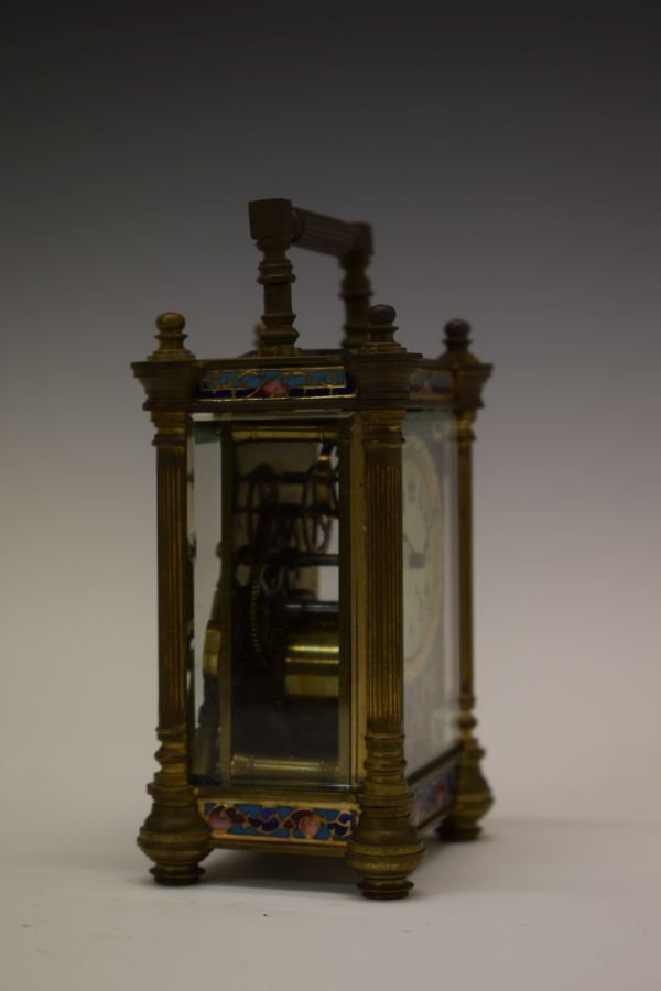 Late 19th Century French brass and enamel cased carriage clock, the case with a reeded pillar to - Image 7 of 9