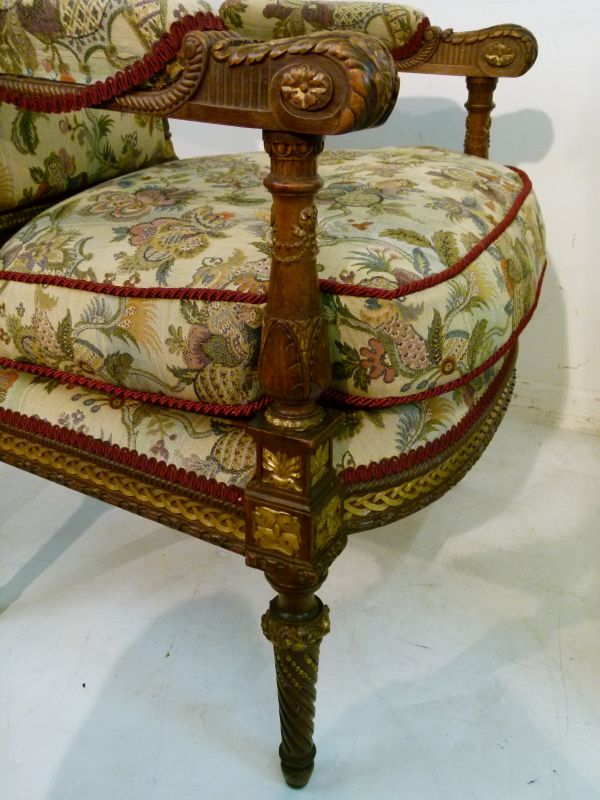 Pair of French carved walnut and giltwood open arm elbow chairs, each upholstered in floral - Image 5 of 7