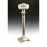 Early 20th Century Mappin & Webb silver plated oil lamp having a cut glass reservoir, tapered