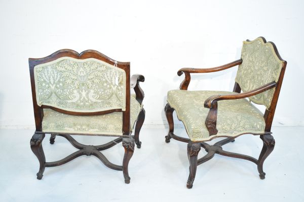 Pair of late 19th Century Continental carved beech and walnut open arm elbow chairs, possibly - Image 5 of 6