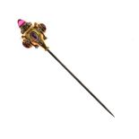 Synthetic ruby and rose diamond hat pin, set with five tear shaped cabochons and a steep cabochon