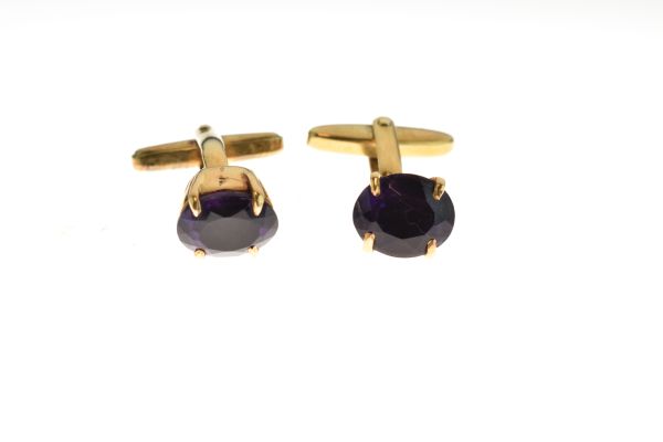 Pair of amethyst cufflinks, stamped '585', 10.1g gross Condition: 11mm x 9mm each, no chips to the - Image 2 of 7
