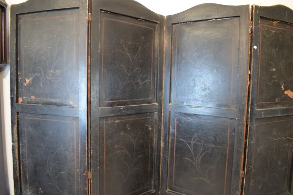 19th Century Continental painted leather single sided four fold screen, each section decorated - Image 8 of 8