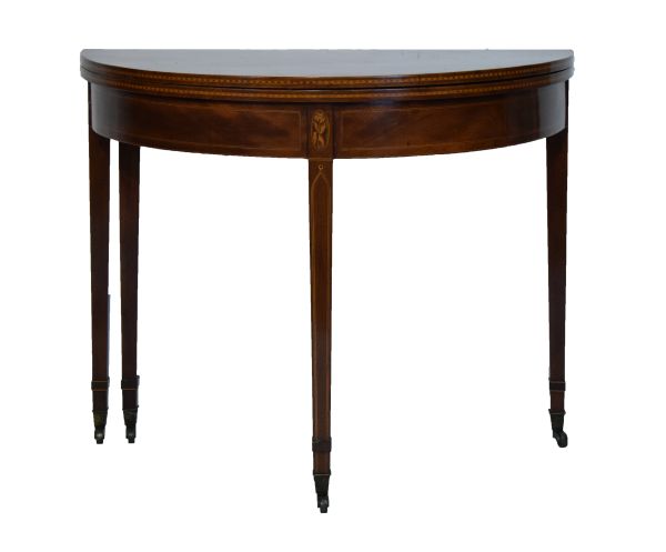 George III inlaid mahogany demi-lune fold-over supper table, the top with oak leaf and acorn