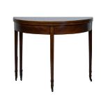George III inlaid mahogany demi-lune fold-over supper table, the top with oak leaf and acorn