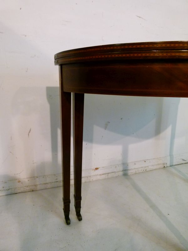 George III inlaid mahogany demi-lune fold-over supper table, the top with oak leaf and acorn - Image 4 of 7