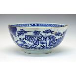 Chinese export bowl having blue and white painted decoration depicting a fenced garden, 28.5cm