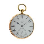 P. Muncey, London - 18ct gold open faced pocket watch, London 1866, the signed white enamel dial