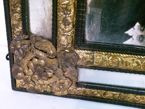 19th Century Flemish wall mirror having a foliate embossed brass and ripple moulded ebonised - Image 6 of 8