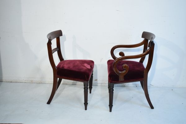 Set of eight William IV mahogany yoke back dining chairs, the seats upholstered in deep red plush - Image 2 of 7