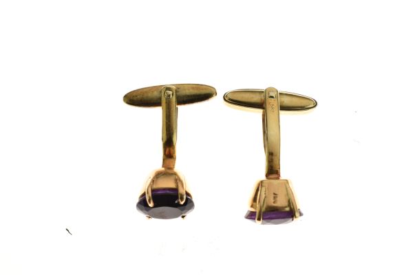 Pair of amethyst cufflinks, stamped '585', 10.1g gross Condition: 11mm x 9mm each, no chips to the - Image 4 of 7