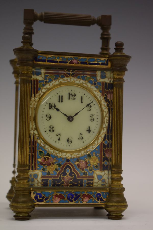 Late 19th Century French brass and enamel cased carriage clock, the case with a reeded pillar to - Image 2 of 9