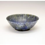 Ruskin blue and yellow matt glazed trial bowl, base with impressed marks and number 949, 20cm
