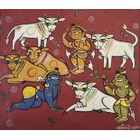 Jamini Roy (Indian 1887-1972) - Gouache - Animal Kingdom, signed, 51.75cm x 60cm Provenance -