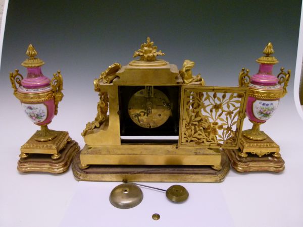 19th Century French ormolu and Sevres style garniture de cheminee, the clock with applied foliate, - Image 6 of 7