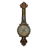 19th Century mother-of-pearl and brass inlaid rosewood wheel barometer having elaborate stylised