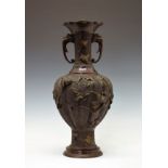 Japanese bronze baluster shaped table lamp, Meiji period, typically decorated with birds amongst