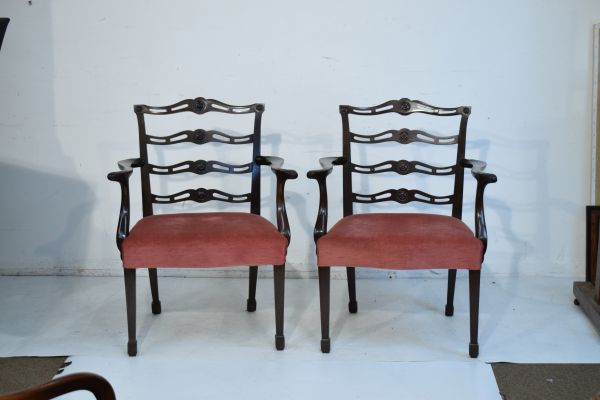 Set of twelve Georgian style mahogany dining chairs, each having a pierced ladder back, wide seat - Image 5 of 8