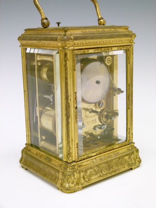 19th Century engraved brass gorge cased repeat carriage clock, the white enamel dial with Roman - Image 2 of 9