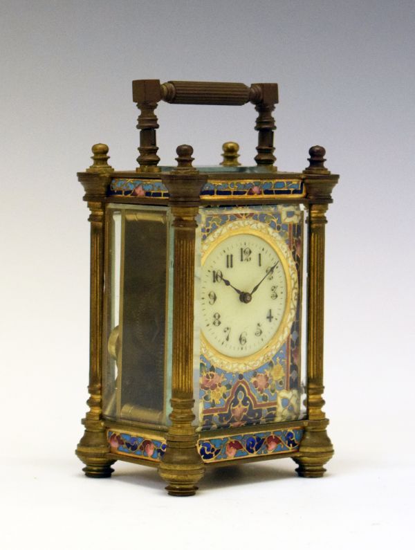 Late 19th Century French brass and enamel cased carriage clock, the case with a reeded pillar to