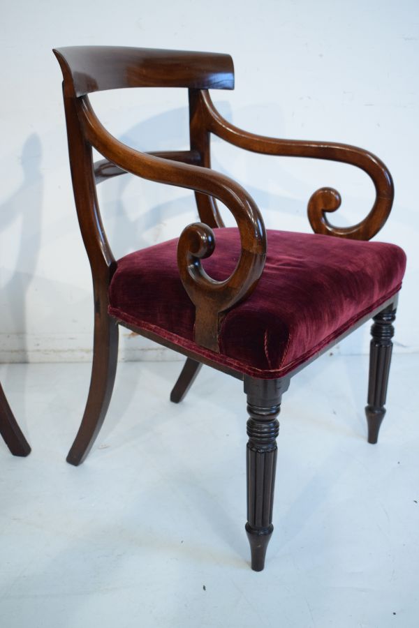 Set of eight William IV mahogany yoke back dining chairs, the seats upholstered in deep red plush - Image 4 of 7