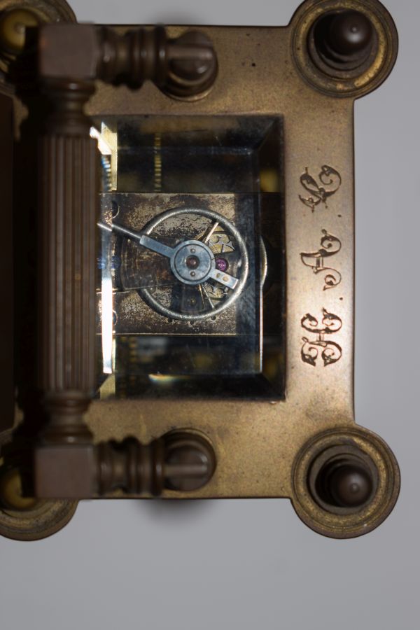 Late 19th Century French brass and enamel cased carriage clock, the case with a reeded pillar to - Image 9 of 9