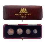 Edward VII four coin Maundy set 1908, in original red Morocco case of issue Condition: Please see