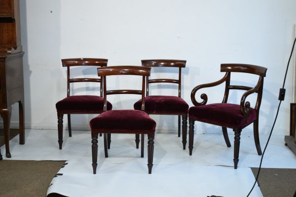 Set of eight William IV mahogany yoke back dining chairs, the seats upholstered in deep red plush - Image 7 of 7