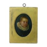 Miniature oval oil on white metal panel - Portrait of a young boy wearing a ruff collar, the back