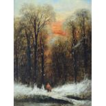 A.Wilkins (19th Century) - Oil on canvas - A wooden winter landscape at sunset, signed and dated '